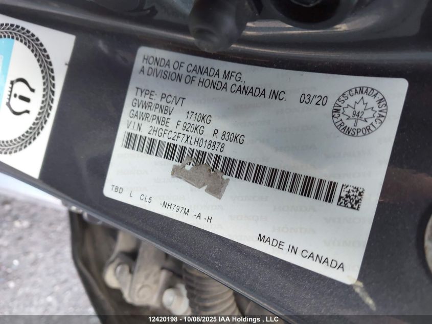 2020 Honda Civic Ex 4Dr VIN: 2HGFC2F7XLH018878 Lot: 12420198