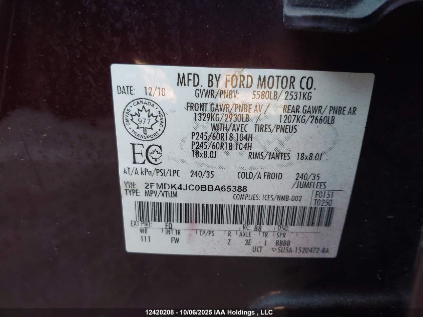 2011 Ford Edge Sel VIN: 2FMDK4JC0BBA65388 Lot: 12420208