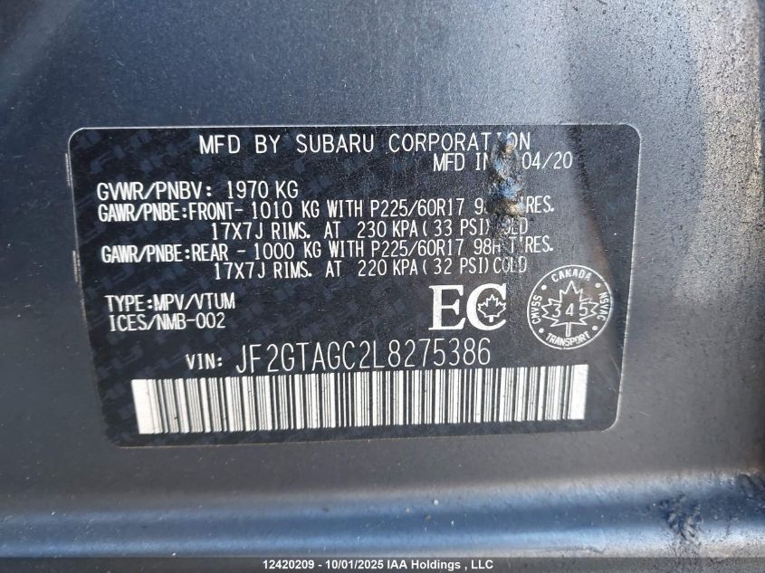 2020 Subaru Crosstrek Sport VIN: JF2GTAGC2L8275386 Lot: 12420209