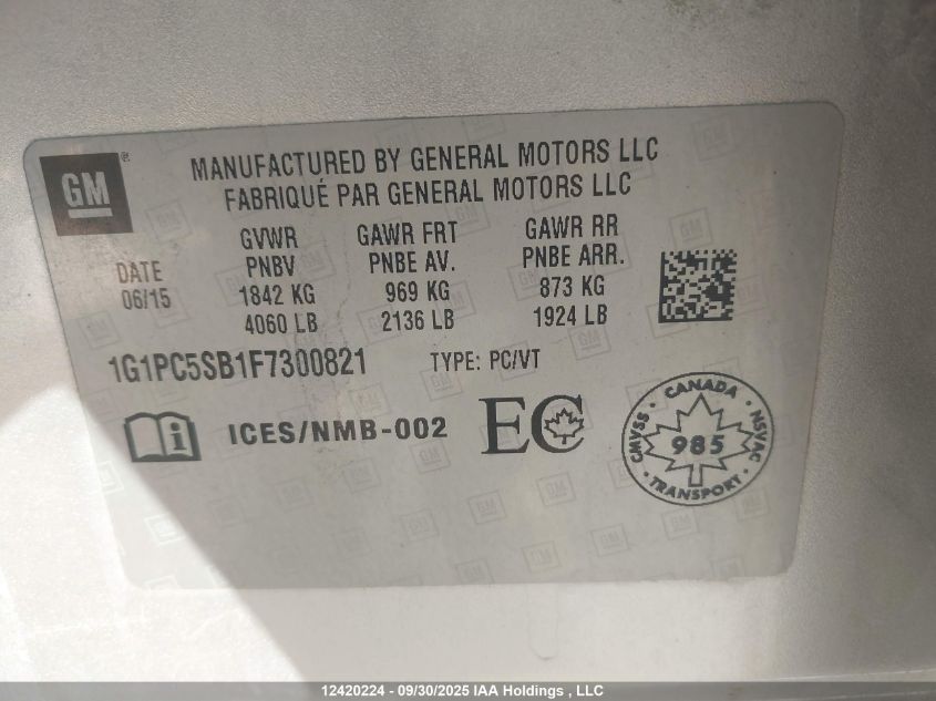 2015 Chevrolet Cruze 1Lt VIN: 1G1PC5SB1F7300821 Lot: 12420224