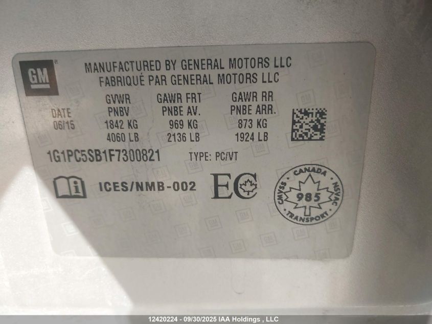 2015 Chevrolet Cruze 1Lt VIN: 1G1PC5SB1F7300821 Lot: 12420224