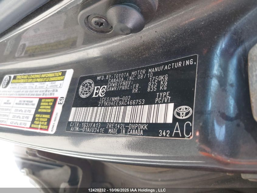 2010 Toyota Matrix Wagon VIN: 2T1KU4EE9AC466753 Lot: 12420232