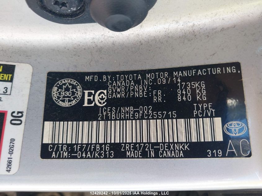 2015 Toyota Corolla VIN: 2T1BURHE9FC255715 Lot: 12420242