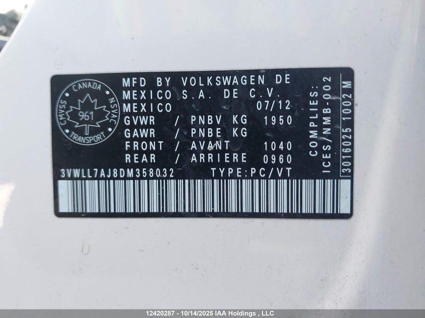 2013 Volkswagen Jetta 2.0 Tdi Highline VIN: 3VWLL7AJ8DM358032 Lot: 12420287