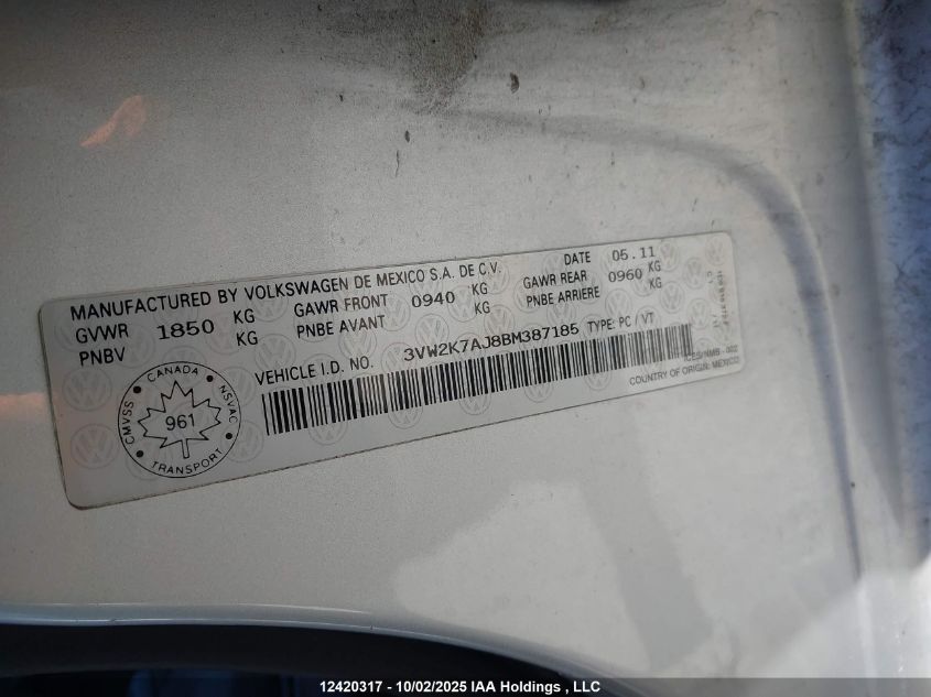 2011 Volkswagen Jetta VIN: 3VW2K7AJ8BM387185 Lot: 12420317