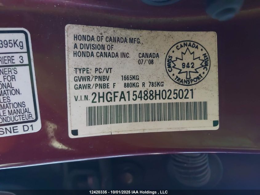 2008 Honda Civic VIN: 2HGFA15488H025021 Lot: 12420335