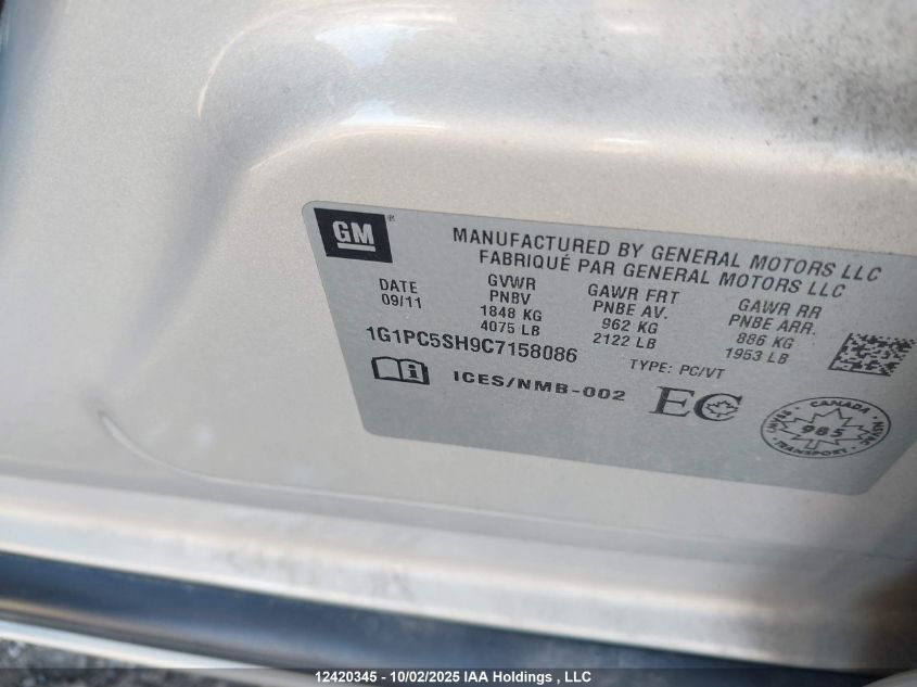 2012 Chevrolet Cruze VIN: 1G1PC5SH9C7158086 Lot: 12420345