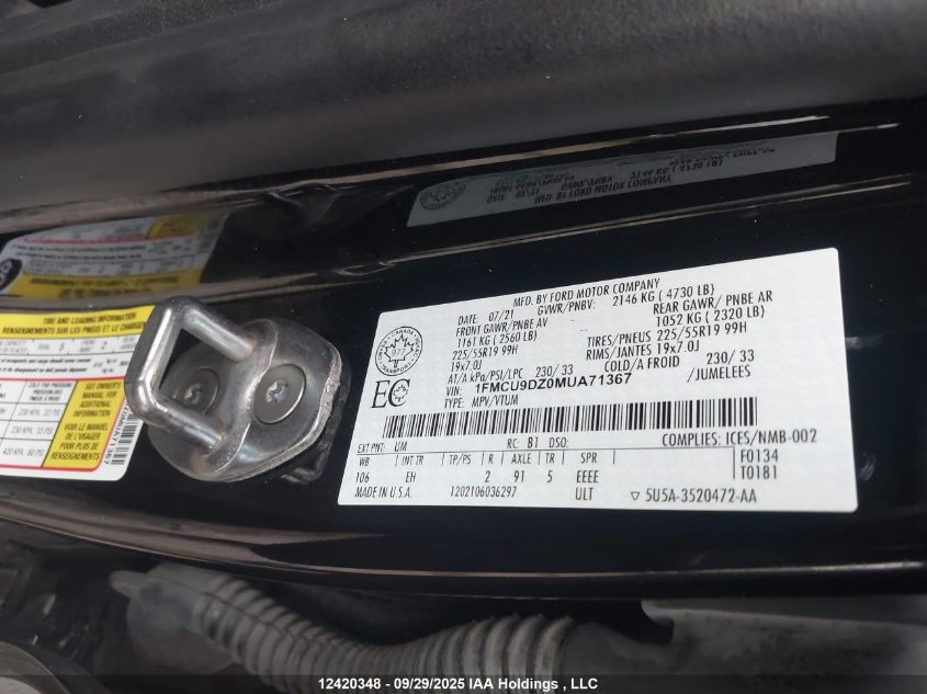 2021 Ford Escape Titanium VIN: 1FMCU9DZ0MUA71367 Lot: 12420348