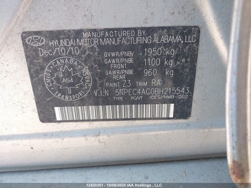 5NPEC4AC0BH215543 2011 HYUNDAI SONATA photo no. 9