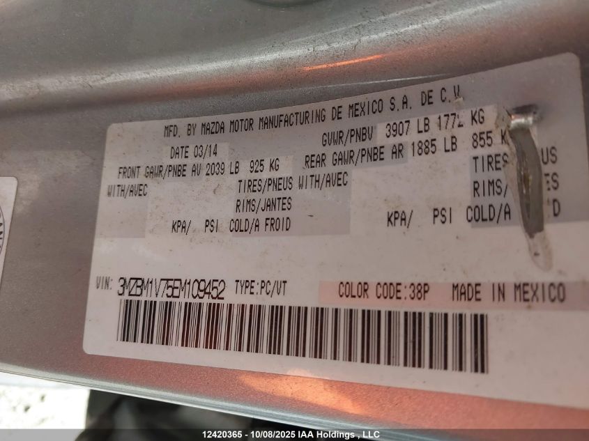 2014 Mazda Mazda3 VIN: 3MZBM1V75EM109452 Lot: 12420365