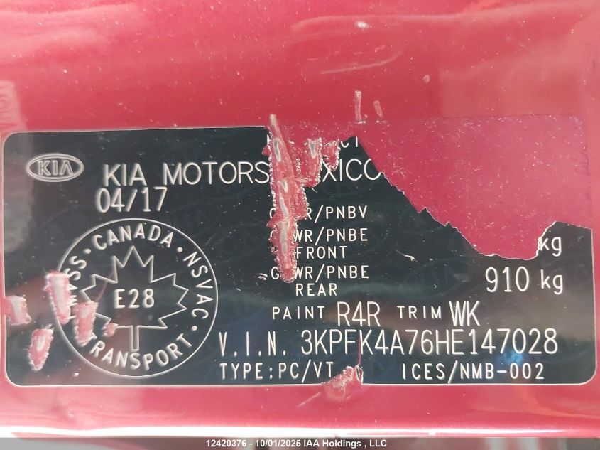 2017 Kia Forte VIN: 3KPFK4A76HE147028 Lot: 12420376