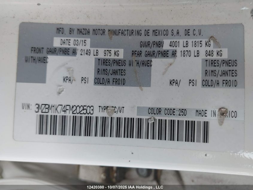2015 Mazda Mazda3 VIN: 3MZBM1K74FM202503 Lot: 12420380