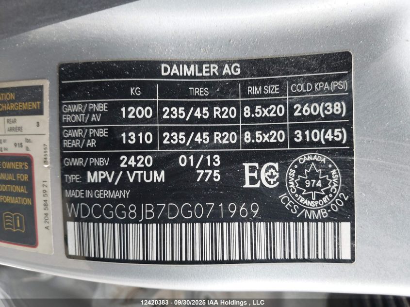 2013 Mercedes-Benz Glk 350 4Matic VIN: WDCGG8JB7DG071969 Lot: 12420383