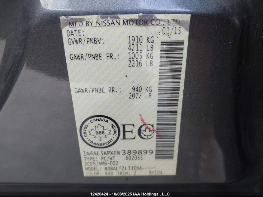 2015 Nissan Altima 2.5/S/Sv/Sl VIN: 1N4AL3APXFN389899 Lot: 12420424