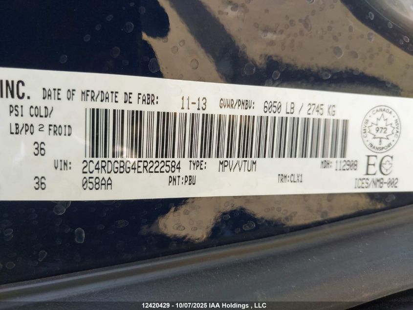 2014 Dodge Grand Caravan Se/Sxt VIN: 2C4RDGBG4ER222584 Lot: 12420429