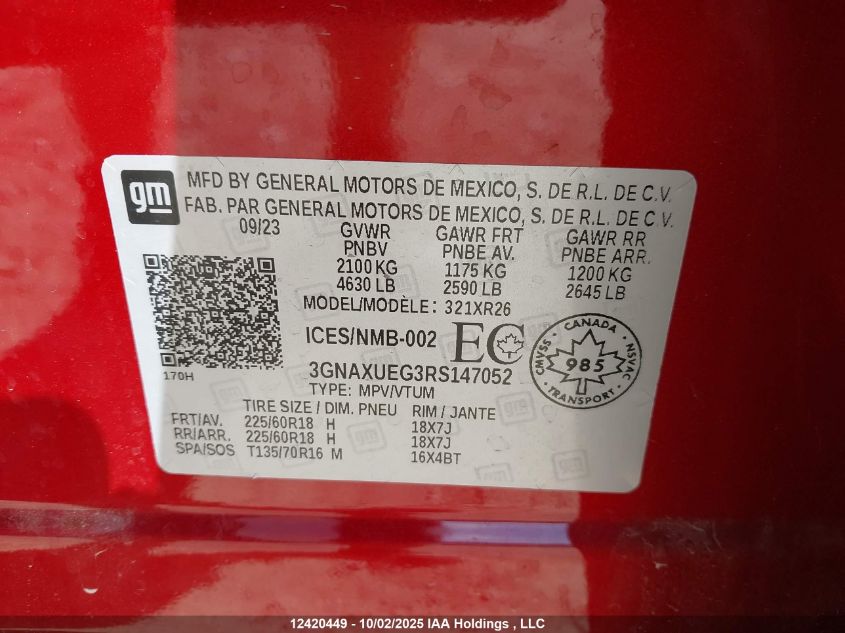 2024 Chevrolet Equinox VIN: 3GNAXUEG3RS147052 Lot: 12420449