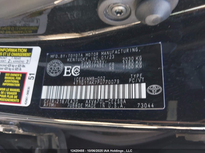 2023 Toyota Camry VIN: 4T1G11AK7PU770079 Lot: 12420455