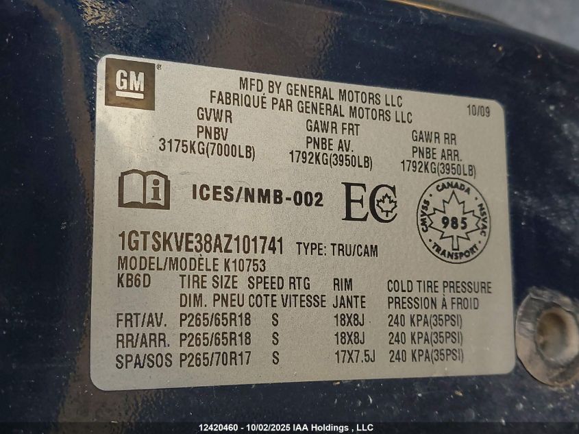 2010 GMC Sierra K1500 Sle VIN: 1GTSKVE38AZ101741 Lot: 12420460