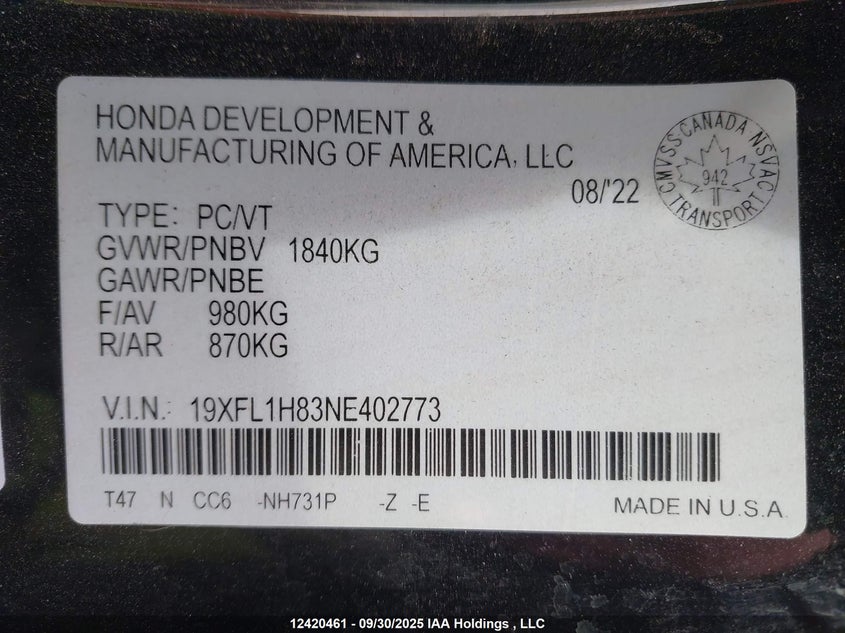 19XFL1H83NE402773 2022 HONDA CIVIC photo no. 9