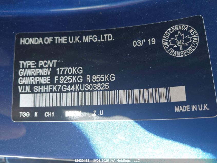 2019 Honda Civic Sport VIN: SHHFK7G44KU303825 Lot: 12420463