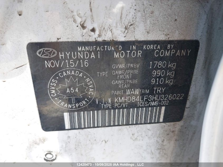 2017 Hyundai Elantra Gl VIN: KMHD84LF3HU326022 Lot: 12420473