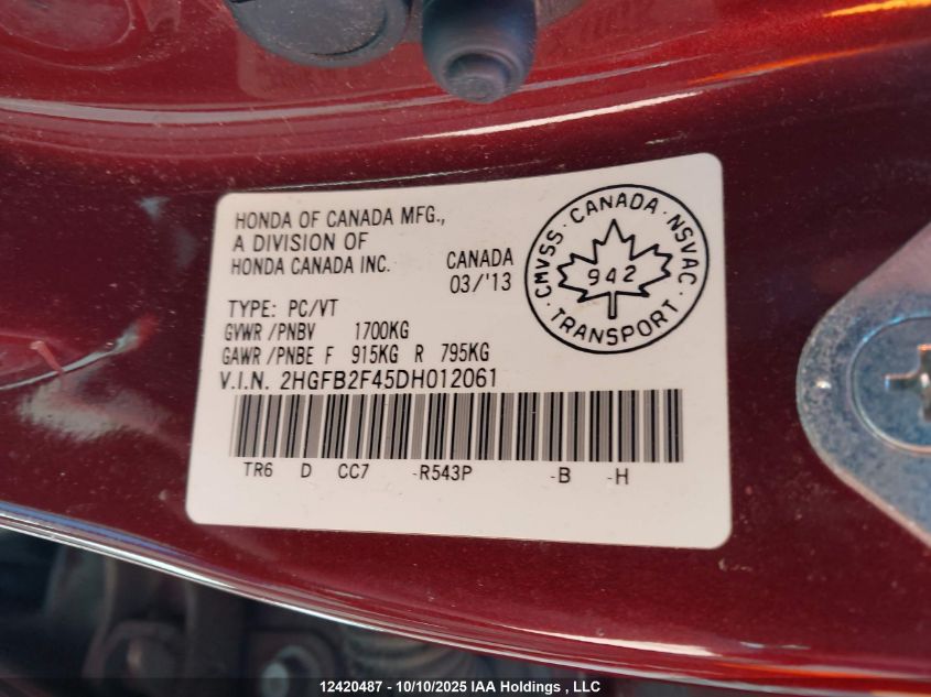 2013 Honda Civic Lx VIN: 2HGFB2F45DH012061 Lot: 12420487