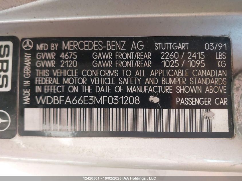 1991 Mercedes-Benz 500 Sl VIN: WDBFA66E3MF031208 Lot: 12420501