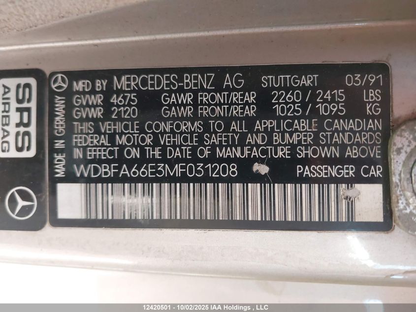 1991 Mercedes-Benz 500 Sl VIN: WDBFA66E3MF031208 Lot: 12420501