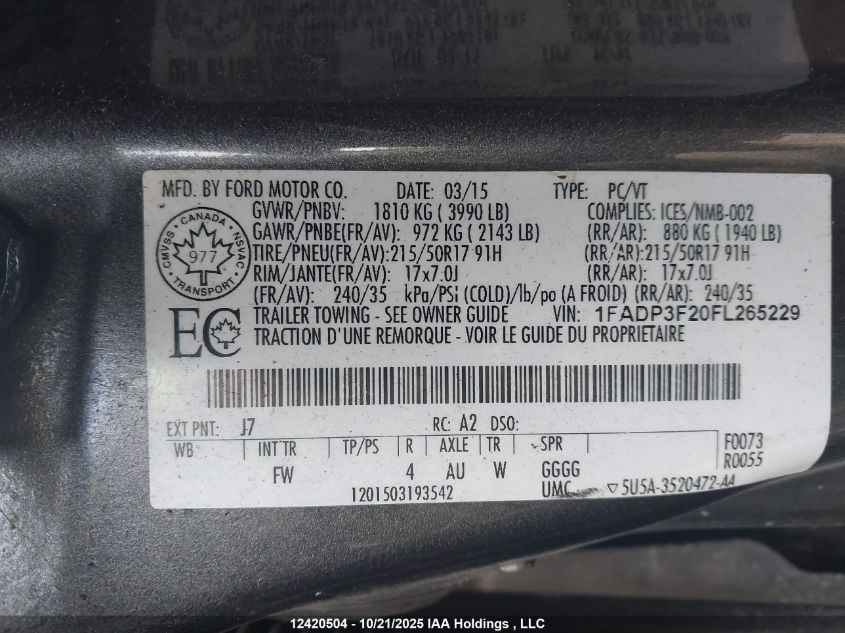 2015 Ford Focus Se VIN: 1FADP3F20FL265229 Lot: 12420504