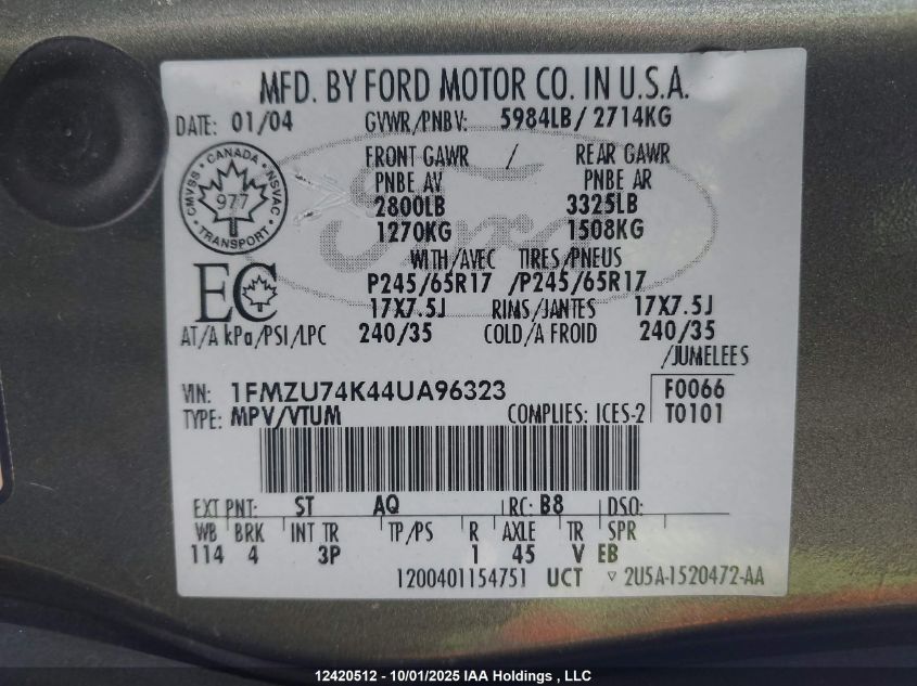 2004 Ford Explorer VIN: 1FMZU74K44UA96323 Lot: 12420512