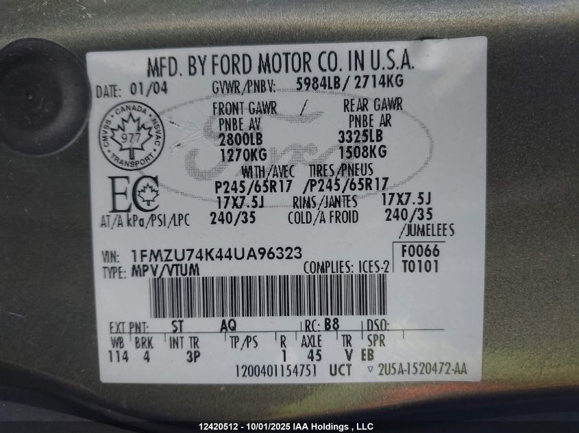 2004 Ford Explorer VIN: 1FMZU74K44UA96323 Lot: 12420512