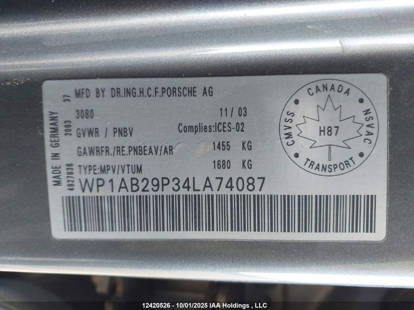 2004 Porsche Cayenne S VIN: WP1AB29P34LA74087 Lot: 12420526