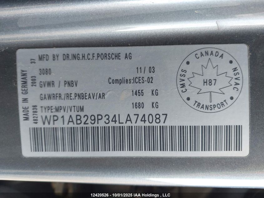 2004 Porsche Cayenne S VIN: WP1AB29P34LA74087 Lot: 12420526