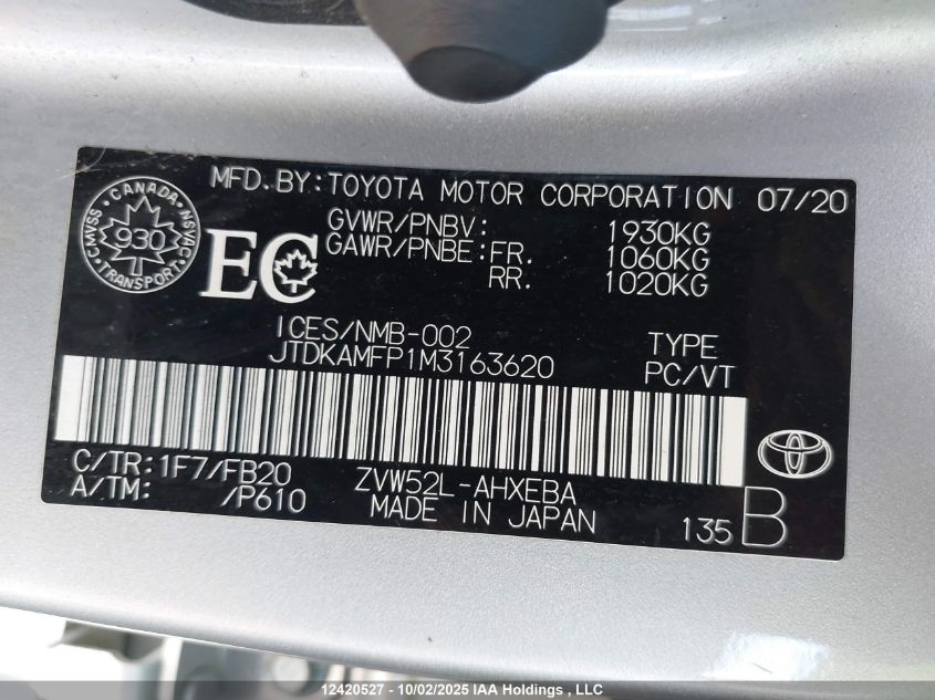 2021 Toyota Prius Prime VIN: JTDKAMFP1M3163620 Lot: 12420527