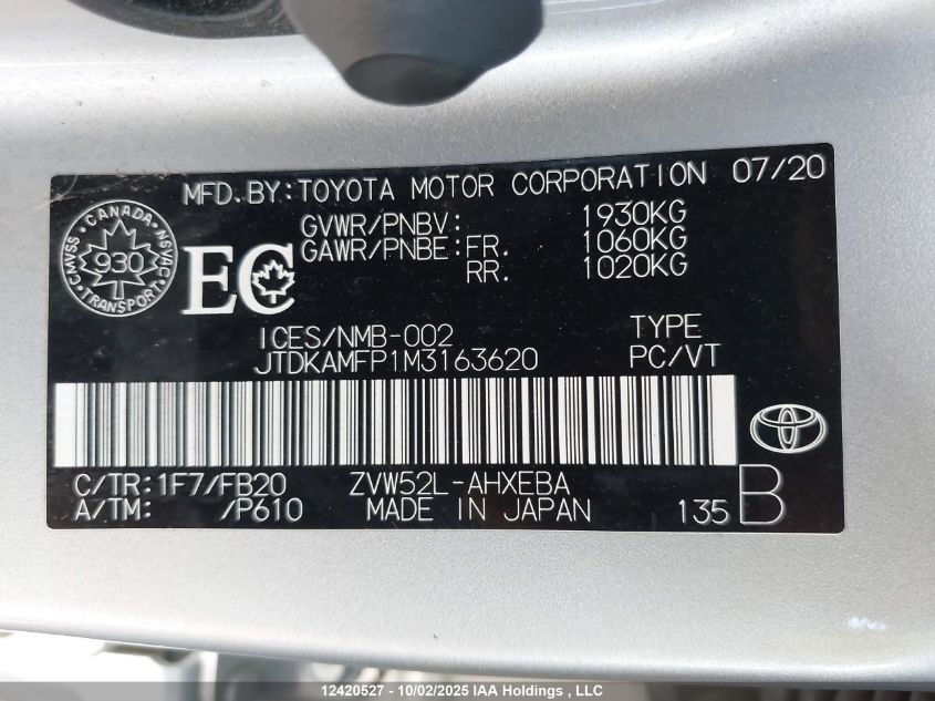 2021 Toyota Prius Prime VIN: JTDKAMFP1M3163620 Lot: 12420527