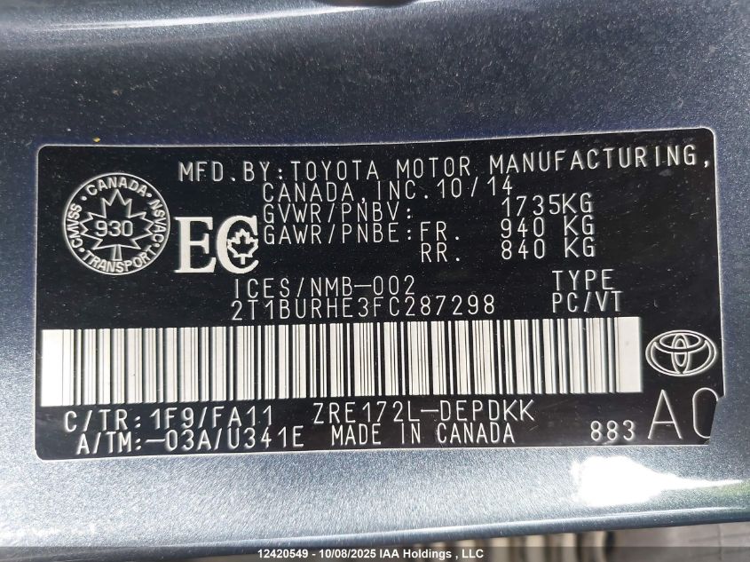 2015 Toyota Corolla Ce VIN: 2T1BURHE3FC287298 Lot: 12420549