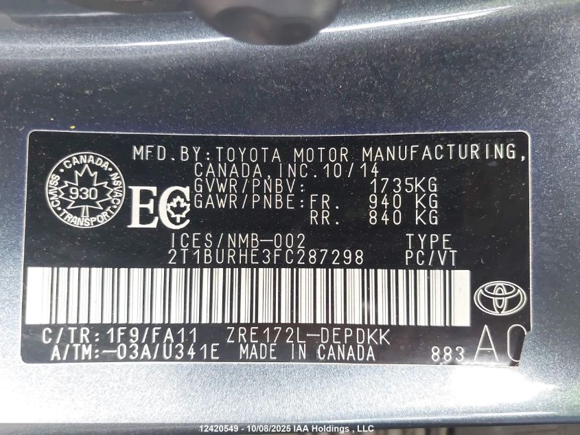 2015 Toyota Corolla Ce VIN: 2T1BURHE3FC287298 Lot: 12420549