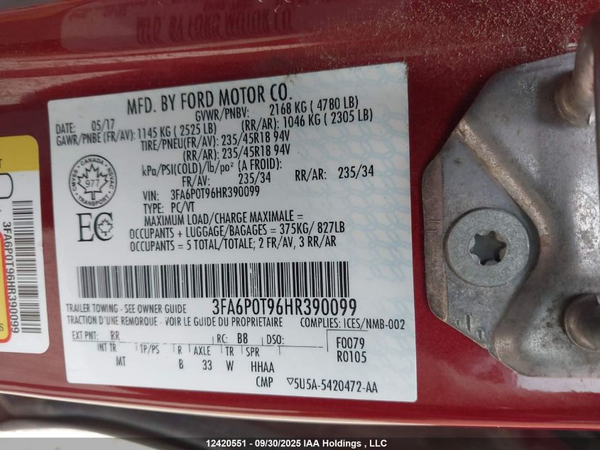 2017 Ford Fusion Se VIN: 3FA6P0T96HR390099 Lot: 12420551