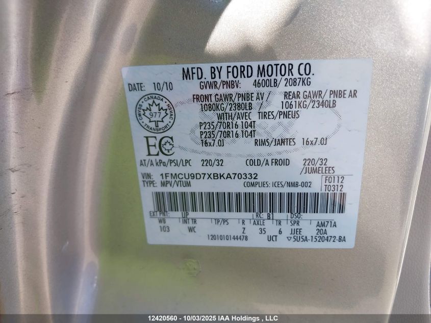 2011 Ford Escape Xlt VIN: 1FMCU9D7XBKA70332 Lot: 12420560