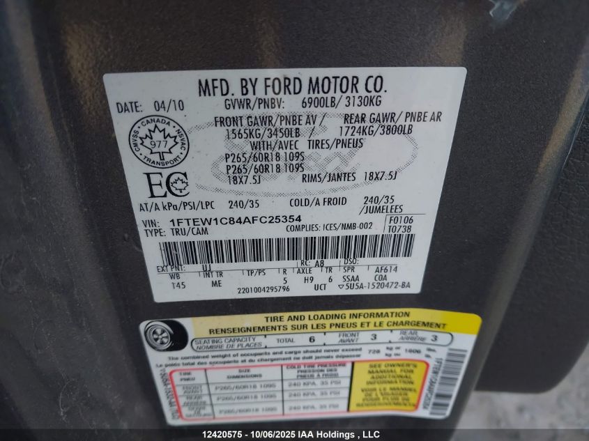 2010 Ford F150 Supercrew VIN: 1FTEW1C84AFC25354 Lot: 12420575