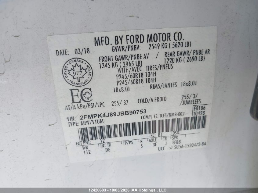 2018 Ford Edge VIN: 2FMPK4J89JBB90753 Lot: 12420603