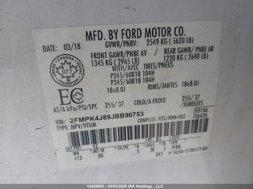 2018 Ford Edge VIN: 2FMPK4J89JBB90753 Lot: 12420603