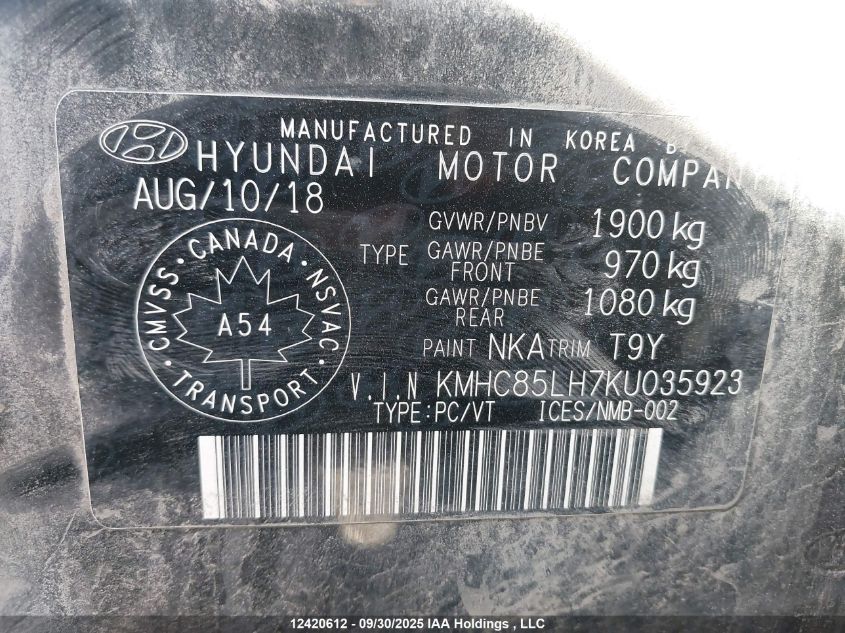 2019 Hyundai Ioniq Ev Preferred VIN: KMHC85LH7KU035923 Lot: 12420612