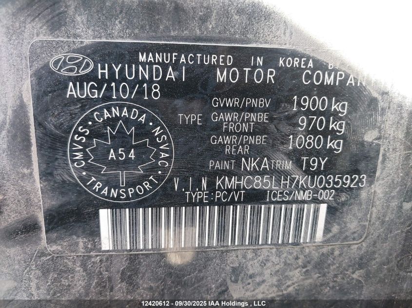 2019 Hyundai Ioniq Ev Preferred VIN: KMHC85LH7KU035923 Lot: 12420612