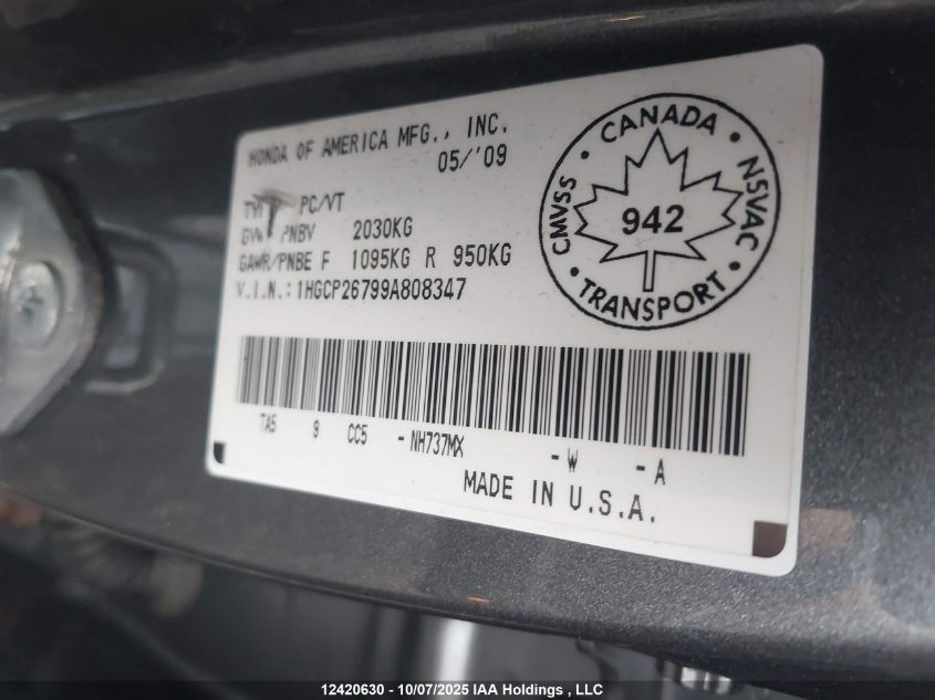 2009 Honda Accord VIN: 1HGCP26799A808347 Lot: 12420630