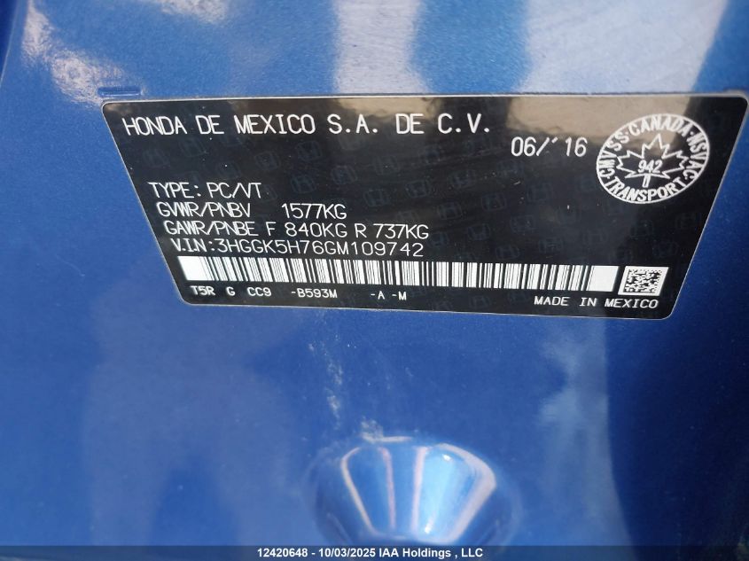 2016 Honda Fit VIN: 3HGGK5H76GM109742 Lot: 12420648