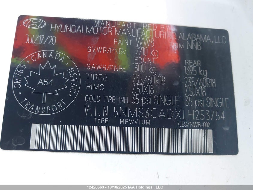 5NMS3CADXLH253754 2020 HYUNDAI SANTA FE photo no. 9