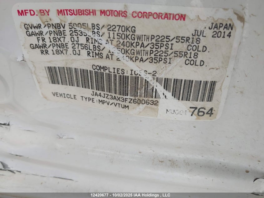 2015 Mitsubishi Outlander Se VIN: JA4JZ3AX3FZ600632 Lot: 12420677