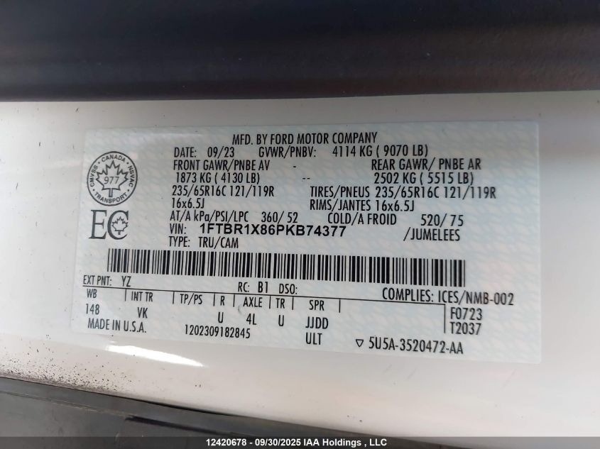 2023 Ford Transit T-250 VIN: 1FTBR1X86PKB74377 Lot: 12420678