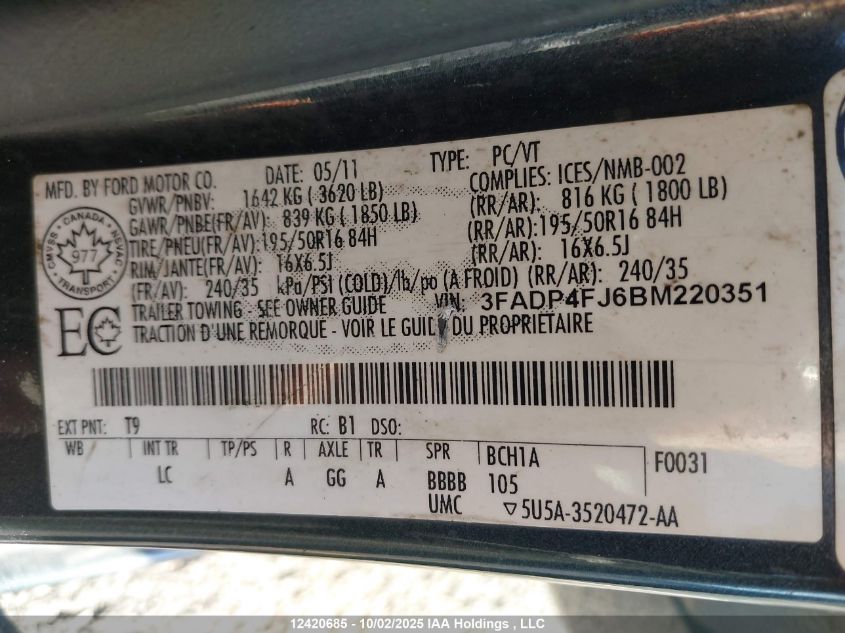 2011 Ford Fiesta VIN: 3FADP4FJ6BM220351 Lot: 12420685